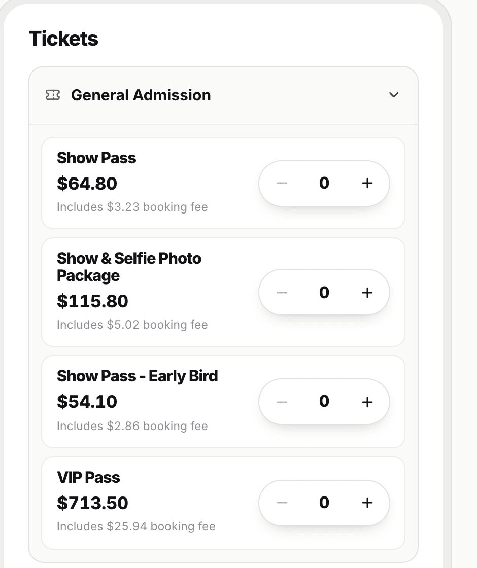 The Tickets panel on an event page: each ticket type shows its price, the booking fee it includes, and a quantity stepper