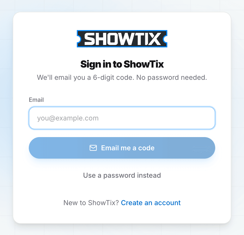 The Sign in to ShowTix card: email field, "Email me a code" button and a "Use a password instead" link