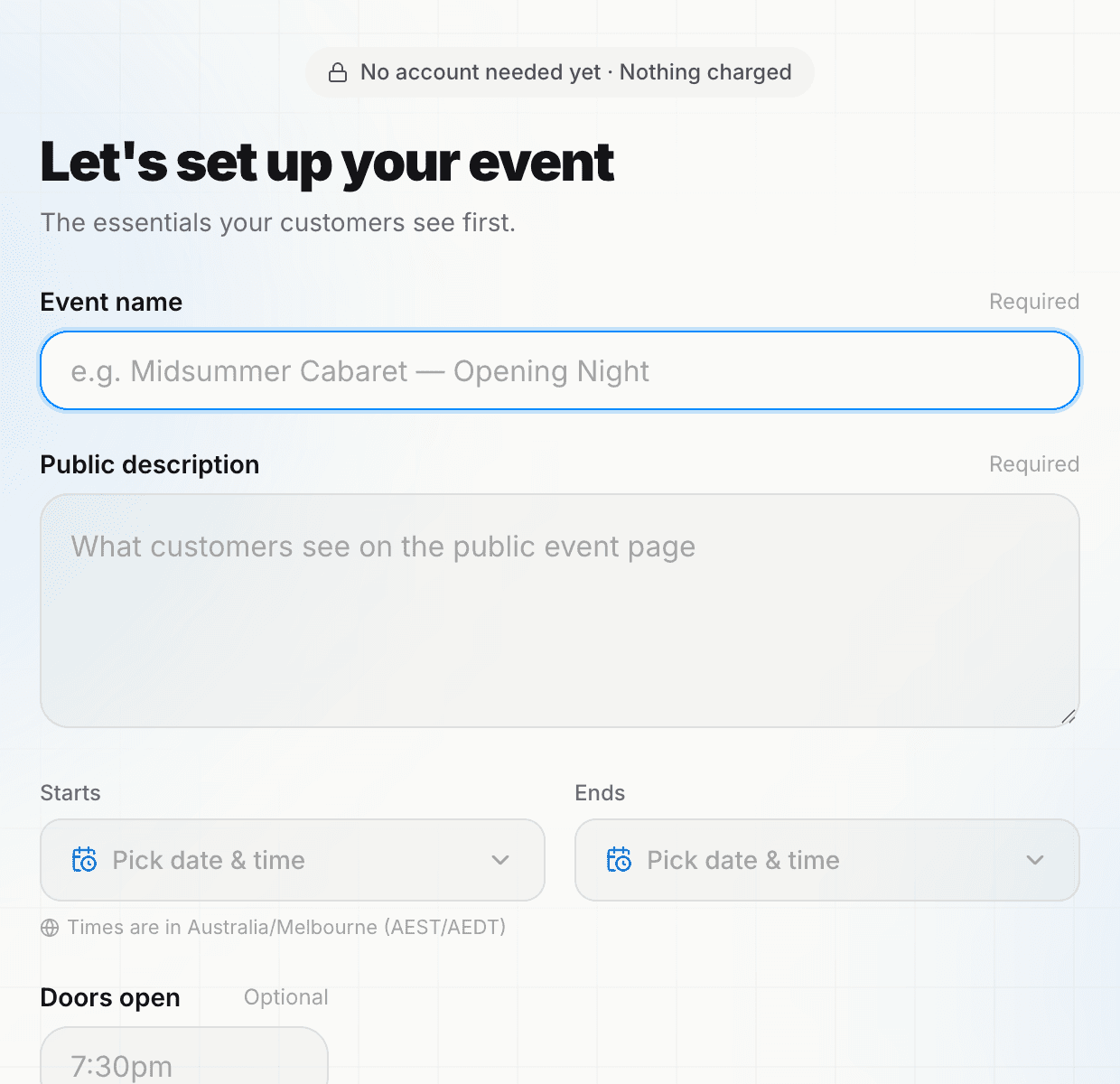 The first step of the event builder: "Let's set up your event" with event name, description and start/end pickers